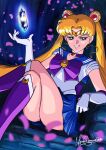  1girl back_bow bishoujo_senshi_sailor_moon black_eyes blonde_hair blue_sailor_collar blue_skirt boots bow bowtie circlet cosplay crescent crescent_earrings crystal dj_jdite double_bun earrings elbow_gloves gloves gold_earrings hair_bun high_heel_boots high_heels highres jewelry long_hair looking_at_viewer miniskirt official_cosplay parted_bangs pleated_skirt purple_bow purple_bowtie purple_footwear sailor_collar sailor_moon sailor_moon_(cosplay) shirt short_sleeves skirt smile solo twintails v-shaped_eyebrows very_long_hair white_gloves white_shirt zoisite_(sailor_moon) 