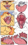  ambiguous_gender anthro bodily_fluids breathing_noises canid canine clothing comic dialogue duo eclairscollection english_text eyewear fox glasses hi_res mammal mawplay micro mouth_shot open_mouth oral_vore saliva soft_vore sound_effects speech_bubble talking_to_prey teeth text tongue vore 