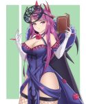  1girl absurdres blue_dress book breasts cleavage commentary cowboy_shot detached_sleeves dress elbow_gloves fire_emblem fire_emblem_engage fishnet_thighhighs fishnets gloves green_background hands_up highres holding holding_book ivy_(fire_emblem) large_breasts long_hair pelvic_curtain purple_eyes purple_hair short_sleeves solo standing succducc888 thighhighs thighs white_gloves 