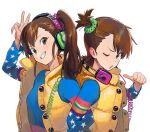  2girls blue_shirt brown_eyes brown_hair coat futami_ami futami_mami grin headphones idolmaster idolmaster_(classic) idolmaster_million_live! locked_arms long_sleeves medium_hair multiple_girls one_eye_closed open_mouth pointing pointing_at_self scrunchie shirt siblings side_ponytail sisters sleeveless_coat smile some1else45 twins upper_body v white_background yellow_coat 