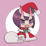  1girl bag blush_stickers capelet chibi christmas dress fang fate/grand_order fate_(series) full_body fur_trim gift_bag hat holding holding_bag holding_sack holly horns meme no_pupils oneroom-disco open_mouth padoru_(meme) purple_background purple_eyes purple_hair red_capelet red_dress red_eyeliner red_headwear sack santa_costume santa_hat shuten_douji_(fate) solo standing 