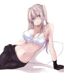  1girl absurdres arm_support black_gloves blonde_hair blue_eyes blush bra breasts cleavage collarbone english_commentary eyebrows_hidden_by_hair gloves graf_zeppelin_(kancolle) hair_over_breasts hair_over_eyes hand_on_own_hip highres kantai_collection large_breasts leaning_to_the_side long_hair looking_at_viewer lying navel on_side pantyhose parted_lips pillow rizzl sitting solo twintails underwear white_bra 