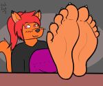  6:5 anthro blush canid canine canis clothed clothing coyote fahfas fahfas(fahfas) feet foot_fetish foot_focus foot_on_table hair humanoid_feet male mammal plantigrade raised_foot red_hair solo 