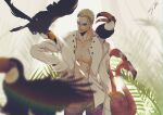  1boy absurdres animal animal_on_shoulder bird bird_on_shoulder blonde_hair donquixote_doflamingo flamingo hand_up highres long_sleeves male_focus one_piece open_clothes open_shirt plant red-tinted_eyewear shirt short_hair signature sk_c_ii smile solo standing sunglasses tinted_eyewear toucan white_shirt 