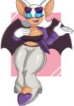  anthro bat belt big_breasts blush bottomwear breasts cleavage clothed clothing coat crop_top eyes_closed eyeshadow eyewear eyewear_on_head fangs female footwear fur glasses glasses_on_head gloves handwear hi_res johnnylockson makeup mammal navel pants rouge_the_bat sega shirt shoes solo sonic_the_hedgehog_(series) teeth thick_thighs topwear white_body white_fur wings 