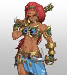  1girl abs bare_shoulders blue_nails breikka cosplay dagger dark-skinned_female dark_skin gun holding holding_dagger holding_knife holding_weapon junker_queen_(overwatch) knife long_hair midriff muscular muscular_female nail_polish navel overwatch overwatch_2 red_hair shotgun simple_background smile solo the_legend_of_zelda the_legend_of_zelda:_breath_of_the_wild upper_body urbosa urbosa_(cosplay) weapon 