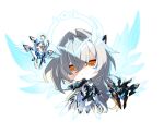  1girl black_gloves blue_halo boots chibi cleavage_cutout clothing_cutout code:_sariel_(elsword) commentary_request dress elsword energy energy_wings eve_(elsword) expressionless facial_mark flat_chest gem gloves halo highres jewelry long_hair looking_at_viewer machine mechanical_ears moby_(elsword) mulook orange_eyes remy_(elsword) robot strapless transparent transparent_background very_long_hair white_dress white_hair 
