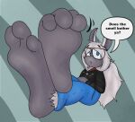  anthro blue_bottomwear blue_clothing blue_pants bottomwear clothing dialogue english_text feet foot_fetish foot_focus hi_res humanoid_feet hybrid male pants plantigrade soles solo text unknown_artist 