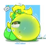  anthro arms_tied bdsm belly big_belly big_breasts blonde_hair bondage bound breasts featureless_breasts female green_body green_eyes hair hose_inflation hyper hyper_belly kneeling lazygartuz liquid_inflation multicolored_body nude questionable_consent rocio_(lazygartuz) scalie solo sound_effects text unknown_species water_inflation yellow_body 