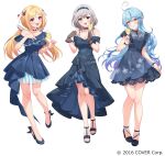  3girls :d ahoge aki_rosenthal bare_shoulders belt black_footwear blonde_hair blue_belt blue_choker blue_dress blue_gemstone blue_hair blue_hairband bracelet breasts champagne_flute choker cleavage commentary_request copyright cup detached_hair dress drinking_glass flower full_body gem gradient_hair green_eyes grey_hair hair_flower hair_ornament hairband hairclip hand_on_own_chest hand_up headgear heart heart_ahoge high_heels highres holding holding_cup hololive jewelry large_breasts long_hair looking_at_viewer low_twintails medium_breasts medium_hair mikami_(mcm_ncb) multicolored_hair multiple_girls necklace official_art open_mouth purple_eyes purple_hair ring see-through_cleavage see-through_gloves shirogane_noel short_hair simple_background single-shoulder_dress single_bare_shoulder skirt_hold skirt_under_dress smile standing streaked_hair twintails white_background white_flower yellow_eyes yukihana_lamy 