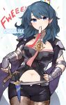  1girl artist_name black_shorts blue_eyes blue_hair breasts brown_pantyhose byleth_(female)_(fire_emblem) byleth_(fire_emblem) chocojax clothing_cutout commentary cowboy_shot dagger fire_emblem fire_emblem:_three_houses hand_on_own_hip highres knife long_hair looking_at_viewer medium_breasts mouth_hold navel navel_cutout pantyhose pantyhose_under_shorts scabbard sheath sheathed short_shorts short_sleeves shorts smile solo standing vambraces weapon 