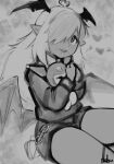  &lt;3 blush clothed clothing female greyscale hair hatsumiilkshake humanoid humanoid_pointy_ears long_hair membrane_(anatomy) membranous_wings monochrome not_furry open_mouth open_smile plushie sitting smile solo wings 