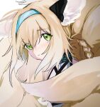  1girl animal_ears arknights blonde_hair blue_hairband braided_hair_rings commentary_request earpiece fox_ears fox_girl fox_tail green_eyes hairband infection_monitor_(arknights) inu_to_milk kitsune kyuubi looking_at_viewer multiple_tails parted_lips suzuran_(arknights) tail 