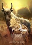  1boy 1other artist_name blonde_hair braid child crown_braid elden_ring halo highres holding holding_grass horns horse light_rays long_hair looking_at_viewer miquella_(elden_ring) taticastellanogonzalez torrent_(elden_ring) wheat wheat_field white_tunic 