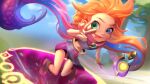  1girl armor black_shorts blue_eyes braid closed_mouth gem green_eyes heterochromia highres joy_jang league_of_legends long_hair multicolored_background multicolored_hair orange_hair pink_hair pink_scarf portal_(object) purple_hair scarf shorts smile solo toeless_footwear tongue tongue_out tree very_long_hair w zoe_(league_of_legends) 