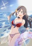  1girl beach bikini black_hair blush breasts cleavage collarbone commentary doughnut_innertube floral_print flower grey_eyes hair_flower hair_ornament holding holding_innertube innertube jacket long_hair love_live! love_live!_nijigasaki_high_school_idol_club medium_breasts ocean one_side_up sidelocks smile solo sunlight swimsuit upper_body yuuki_setsuna_(love_live!) zasshoku_ojisan 