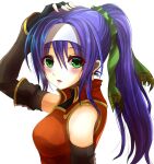  1girl alternate_hairstyle bare_shoulders black_gloves blush detached_sleeves fingerless_gloves fire_emblem fire_emblem:_radiant_dawn fire_emblem_heroes gloves green_eyes green_ribbon hair_between_eyes hairband hand_on_own_head looking_at_viewer mia_(fire_emblem) open_mouth ponytail purple_hair ribbon solo upper_body white_background white_hairband yozu_(yozu0420) 