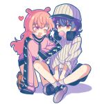 2girls :d akazaki_kokoro arm_on_another&#039;s_shoulder arm_rest arms_between_legs baseball_cap black_footwear black_headphones black_jacket blush_stickers bubble_blowing chewing_gum collared_shirt commentary_request crossed_ankles double_bun full_body grey_hair hair_bun hat headphones headphones_around_neck heart highres idoly_pride igawa_aoi jacket kabotd kneeling long_hair long_sleeves looking_at_another multicolored_clothes multicolored_jacket multiple_girls no_pants one_eye_closed open_mouth orange_eyes pink_eyes pink_hair pink_jacket pinstripe_hat pinstripe_pattern pinstripe_shirt shadow shirt shoes short_hair sidelocks simple_background sitting smile sneakers socks striped thai_commentary two-tone_jacket white_background white_headwear white_shirt white_socks 