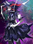  1girl absurdres black_hair black_skirt closed_mouth commentary from_side highres horns kijin_seija looking_at_viewer multicolored_background multicolored_hair red_hair ringed_eyes short_sleeves skirt solo streaked_hair touhou white_hair ycabcadc 
