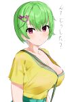  1girl absurdres arm_at_side blush breasts casual closed_mouth crocodile_hair_ornament eyelashes eyes_visible_through_hair frown green_hair hair_between_eyes highres large_breasts looking_at_viewer nomura_miki pink_eyes shirt short_hair simple_background sketch solo summer_pockets sweat translated tsurime upper_body white_background yellow_shirt zenoo 