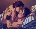 2boys bara black_hair blush conner_kent couple covering cris_art dc_comics from_side half-closed_eyes hand_in_another&#039;s_hair hand_on_another&#039;s_cheek hand_on_another&#039;s_face hand_on_another&#039;s_head kiss lying lying_on_person male_focus multiple_boys muscular muscular_male nude_cover on_back on_bed shared_blanket short_hair thick_eyebrows tim_drake toned toned_male triceps yaoi 