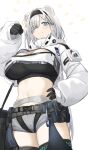  1girl :3 absurdres animal_ears arknights aurora_(arknights) bear_ears bear_girl belt black_gloves black_hairband black_shirt blue_eyes breasts chaps cleavage clenched_teeth commentary cowboy_shot ganesagi gloves grey_hair grey_shorts hair_over_one_eye hairband highres infection_monitor_(arknights) jacket large_breasts long_hair looking_at_viewer midriff pouch shirt shorts simple_background smile solo teeth white_background white_jacket 