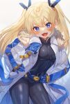  1girl :d bandaid bandaid_on_cheek bandaid_on_face belt black_bodysuit black_gloves blonde_hair blue_belt blue_eyes blue_gloves blush bodysuit breasts coat commentary_request covered_navel cowboy_shot fang fur-trimmed_coat fur_trim gloves goddess_of_victory:_nikke hair_between_eyes hands_on_own_hips headgear highres laplace_(nikke) long_hair looking_at_viewer open_clothes open_mouth shimada_(smd_dms) sidelocks simple_background skin_fang small_breasts smile solo standing twintails two-tone_gloves white_background white_coat 