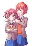  2girls :3 :d angry annoyed artist_name averting_eyes blazer blue_skirt blush bow breasts brown_jacket closed_eyes closed_mouth commentary cowboy_shot doki_doki_literature_club dress_shirt facing_another fingers_on_another&#039;s_face fingersmile forced_smile hair_between_eyes hair_bow hair_ornament hair_ribbon happy height_difference jacket keito_nagumo long_sleeves looking_to_the_side multiple_girls natsuki_(doki_doki_literature_club) neck_ribbon open_clothes open_jacket open_mouth orange_hair pink_eyes pink_hair pleated_skirt red_bow red_ribbon ribbon sayori_(doki_doki_literature_club) school_uniform shirt short_hair simple_background skirt small_breasts smile sweatdrop sweater_vest swept_bangs twitter_username two_side_up unamused white_background white_shirt x_hair_ornament yellow_sweater_vest 