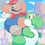  anthro belly blue_eyes clothing duo elephant elephant_mario elephant_yoshi elephantid facial_hair forthefrog green_body grey_body hi_res male mammal mario mario_bros mustache nintendo overalls overweight proboscidean proboscis_(anatomy) riding super_mario_bros_wonder trunk_(anatomy) yoshi 