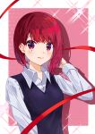  1girl absurdres arima_kana arm_behind_head black_vest blush border closed_mouth collared_shirt commentary dress_shirt highres looking_at_viewer oshi_no_ko red_eyes red_hair red_ribbon ribbon shirt short_hair smile solo sparkle vest white_border white_shirt xiang_yu_pai 