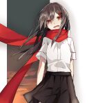  1girl arms_at_sides bad_id bad_pixiv_id black_hair black_skirt cloud collared_shirt commentary cowboy_shot double-parted_bangs enpera floating_scarf gradient_background grey_sky hair_between_eyes hair_ornament hairclip highres kagerou_project long_bangs long_scarf looking_at_viewer mahyack open_mouth orange_sky overcast pleated_skirt red_eyes red_scarf scarf school_uniform shirt short_sleeves skirt sky solo summer_uniform sunset tateyama_ayano tears wavy_mouth white_background 