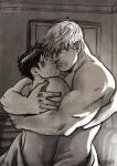  2boys arm_hair bad_id bad_tumblr_id bara bedroom black_hair blonde_hair bruise completely_nude couple covering cris_art half-closed_eyes hug hulkling imminent_kiss indoors injury male_focus marvel multiple_boys muscular muscular_male mutual_hug navel_hair nude nude_cover short_hair sideburns sideburns_stubble sparse_stubble thick_eyebrows wiccan yaoi 