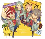  4boys absurdres amagi_rinne arm_up bee blue_eyes blue_hair bracelet bug commentary_request crazy_b_(ensemble_stars!) double_v ensemble_stars! fingernails full_body g0hanpanmen grey_hair hair_between_eyes hair_over_shoulder hands_up highres himeru_(ensemble_stars!) hood hood_down hoodie jacket jewelry long_hair long_sleeves looking_at_viewer lower_teeth_only male_focus multicolored_clothes multicolored_hoodie multiple_boys necklace one_eye_closed open_clothes open_jacket open_mouth oukawa_kohaku outstretched_arm outstretched_hand pink_hair purple_eyes red_hair ring shiina_niki short_hair sitting smile standing teeth translation_request v yellow_eyes 