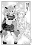 2girls between_legs blush claw_pose clenched_teeth cloak collarbone comandante_cappellini_(kancolle) comandante_cappellini_(kancolle)_(cosplay) commentary_request cosplay greyscale hair_ornament hair_ribbon halloween hand_between_legs hands_up high_heels highres kantai_collection kasumi_(kancolle) knees_together_feet_apart layered_skirt long_hair michishio_(kancolle) monochrome multiple_girls mummy_costume pleated_skirt ribbon scirocco_(kancolle) scirocco_(kancolle)_(cosplay) shoes side_ponytail skirt skull_hair_ornament starry_background teeth tenshin_amaguri_(inobeeto) translation_request twintails very_long_hair wing_hair_ornament 