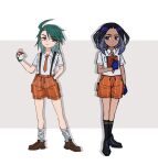  2girls aged_down ahoge black_socks blue_eyes book bright_pupils brown_footwear closed_mouth collared_shirt commentary_request geeta_(pokemon) gloves green_hair hand_up highres holding holding_book holding_poke_ball medium_hair molingxiang_chimangguo multiple_girls necktie orange_necktie orange_shorts poke_ball poke_ball_(basic) pokemon pokemon_(game) pokemon_sv red_eyes rika_(pokemon) school_uniform shirt shoes short_sleeves shorts socks white_pupils white_shirt 
