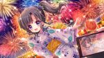  1girl :d aerial_fireworks black_hair blue_eyes cellphone dot_nose dutch_angle film_grain fireworks floral_print food_stand from_side game_cg holding holding_phone itsumura_yukari izumi_tsubasu japanese_clothes kimono leaf_print lens_flare looking_at_viewer night night_sky non-web_source obi official_art open_mouth parted_bangs phone pointing pov pov_hands purple_kimono re:stage! sash sky smartphone smile solo_focus sparkle star_(sky) starry_sky summer_festival twintails water_yoyo yellow_sash yukata 