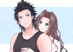  1boy 1girl aerith_gainsborough black_hair black_singlet blue_eyes brown_hair closed_eyes final_fantasy final_fantasy_vii floral_print green_eyes highres hug kt9_ct looking_at_another one_eye_closed signature singlet smile white_singlet zack_fair 