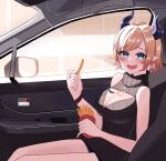  1girl black_sweater blonde_hair blue_eyes blush breast_tattoo breasts car_interior chrispy_tuna cleavage cleavage_cutout clothing_cutout demon_girl demon_horns earrings food french_fries highres hololive horns jewelry large_breasts meme_attire necklace open-chest_sweater open_mouth pointy_ears short_hair sleeveless sleeveless_sweater smile sweater tattoo turtleneck turtleneck_sweater virtual_youtuber yuzuki_choco yuzuki_choco_(6th_costume) 