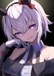  1girl animal_ears bare_shoulders black_coat breasts coat collared_shirt curren_chan_(umamusume) e_nnihql ear_bow gloves grey_hair hairband hand_up head_tilt highres horse_ears long_sleeves looking_at_viewer off-shoulder_coat off_shoulder open_mouth purple_eyes shirt sleeveless sleeveless_shirt slit_pupils small_breasts smile solo spotlight umamusume upper_body white_gloves 