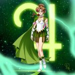 1girl alternate_costume armband armored_boots bishoujo_senshi_sailor_moon boots breasts cape commentary commission drachea_rannak english_commentary full_body green_cape green_skirt highres jewelry kino_makoto laurel_crown miniskirt neck_ring ponytail sailor_jupiter serious skirt small_breasts solo space vambraces watermark 
