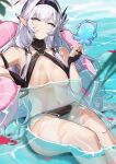  1girl absurdres bare_shoulders bikini black_bikini black_gloves black_hairband blue_archive breasts changpan_hutao cleavage closed_mouth feet_out_of_frame flower food gloves grey_hair hair_flower hair_ornament hairband highres himari_(blue_archive) holding holding_food large_breasts long_hair looking_at_viewer mole mole_under_eye navel partially_fingerless_gloves partially_submerged petals pointy_ears popsicle sitting smile solo swimsuit very_long_hair water white_flower 