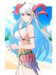  1girl bare_shoulders beach bikini breasts fire_emblem fire_emblem_heroes freyja_(fire_emblem) freyja_(summer)_(fire_emblem) from_side goat_horns highres horns long_hair looking_at_viewer ocean official_alternate_costume ondur own_hands_together parted_lips red_eyes sideboob solo swimsuit very_long_hair white_hair 
