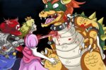  1girl 2boys blurry bowser cropped death mario mario_(series) multiple_boys murder non-web_source princess_peach sword weapon 