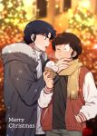  2boys :t black_eyes black_hair black_shirt blurry blurry_background brown_eyes brown_hair christmas_tree closed_mouth english_text fingernails food fur-trimmed_jacket fur_trim grey_jacket grey_pants hand_in_pocket highres jacket letterman_jacket long_sleeves looking_at_another looking_to_the_side male_focus mendou_shuutarou merry_christmas moroboshi_ataru multiple_boys nai0524 non-web_source one_eye_closed open_clothes open_jacket pants pocket red_jacket ribbed_sweater scarf shirt short_hair sleeve_cuffs sparkle sweater upper_body urusei_yatsura very_short_hair white_jacket white_sweater yaoi yellow_scarf 