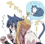  2girls ahoge animal_ears blonde_hair blue_hair bocchi_the_rock! can cat_ears cat_tail holding holding_can ijichi_nijika long_hair multiple_girls one_side_up open_mouth ree_(re-19) shirt short_hair short_sleeves simple_background tail translation_request white_background white_shirt yamada_ryo yellow_eyes 