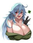  1girl :d bare_shoulders blue_hair blush breasts charged_creeper cleavage commentary_request commission creeparka creeper cupa_(at2.) electricity highres hood hoodie huge_breasts imuzi large_breasts long_hair long_sleeves looking_at_viewer minecraft open_mouth personification red_eyes simple_background skeb_commission smile solo torn_hoodie white_background 