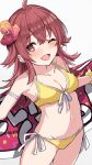  1girl ;d ahoge armlet beach_towel bikini blush breasts collarbone cure_slum flower hair_between_eyes hair_flower hair_ornament hibiscus holding holding_towel idolmaster idolmaster_shiny_colors komiya_kaho long_hair looking_at_viewer navel one_eye_closed open_mouth red_eyes red_hair scrunchie simple_background small_breasts smile solo swimsuit towel white_background yellow_bikini 