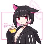  1girl :o animal_ears black_choker black_hair black_hoodie blue_archive bob_cut breasts chan_co choker cleavage collarbone colored_inner_hair commentary food halo highres hood hooded_jacket hoodie jacket kazusa_(blue_archive) large_breasts long_sleeves looking_at_viewer multicolored_hair open_clothes open_hoodie open_mouth pink_eyes pink_hair pink_halo pudding sleeves_past_wrists solo symbol-only_commentary two-tone_hair white_background 
