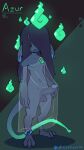  9:16 anthro big_ears blue_fangs blue_penis centrepede claws clothed clothing covered_eyes dark_hair digitigrade erection genitals green_tail_tip hair hi_res imp jewelry long_hair male partially_clothed penis simple_background solo text translucent 