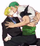  2boys bara black_jacket black_pants blonde_hair blue_shirt blush closed_eyes clothes_lift earrings french_kiss grey_hair highres jacket jewelry kiss large_pectorals male_focus multiple_boys muscular muscular_male necktie one_piece pants pectorals roronoa_zoro sanji_(one_piece) shirt shirt_lift short_hair simple_background sitting sitting_on_person sweetdou3 tongue tongue_out white_background white_shirt yaoi 